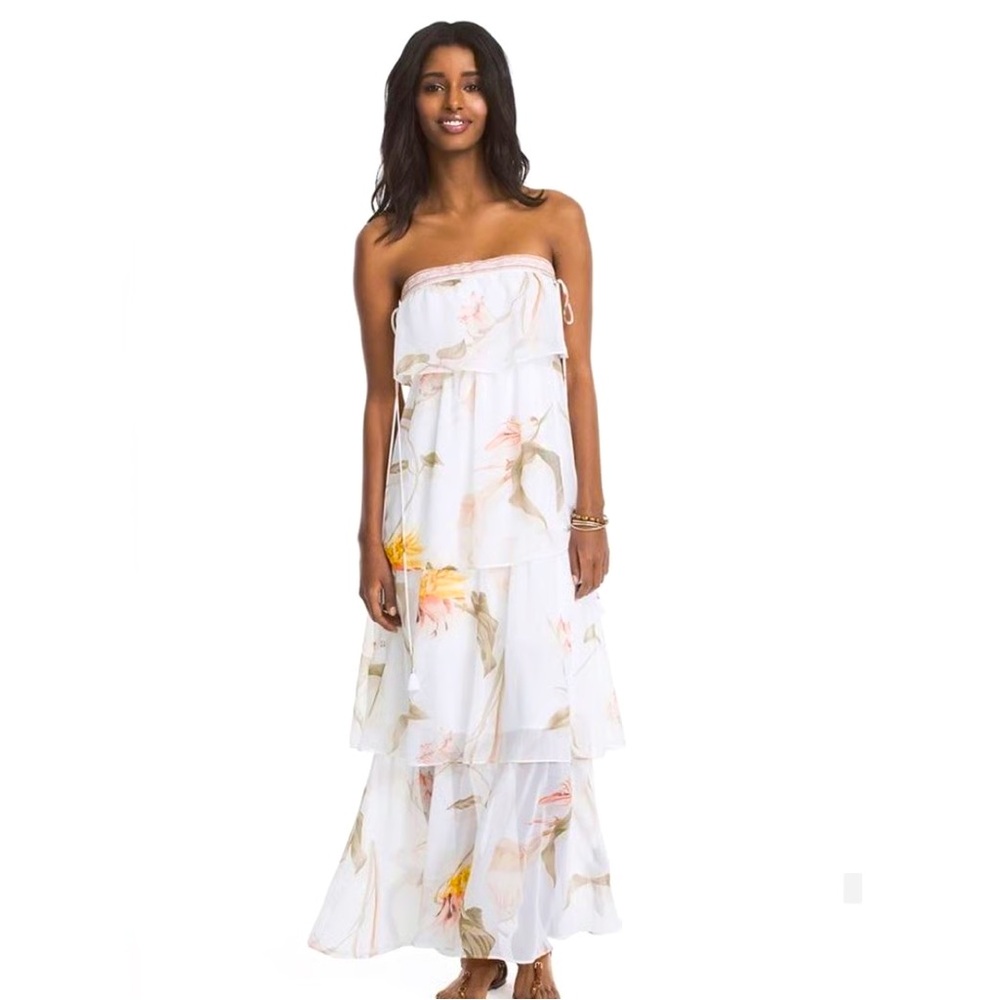 White House Black Market Floral Strapless Tiered Tassel Maxi Dress NWT Size SP!